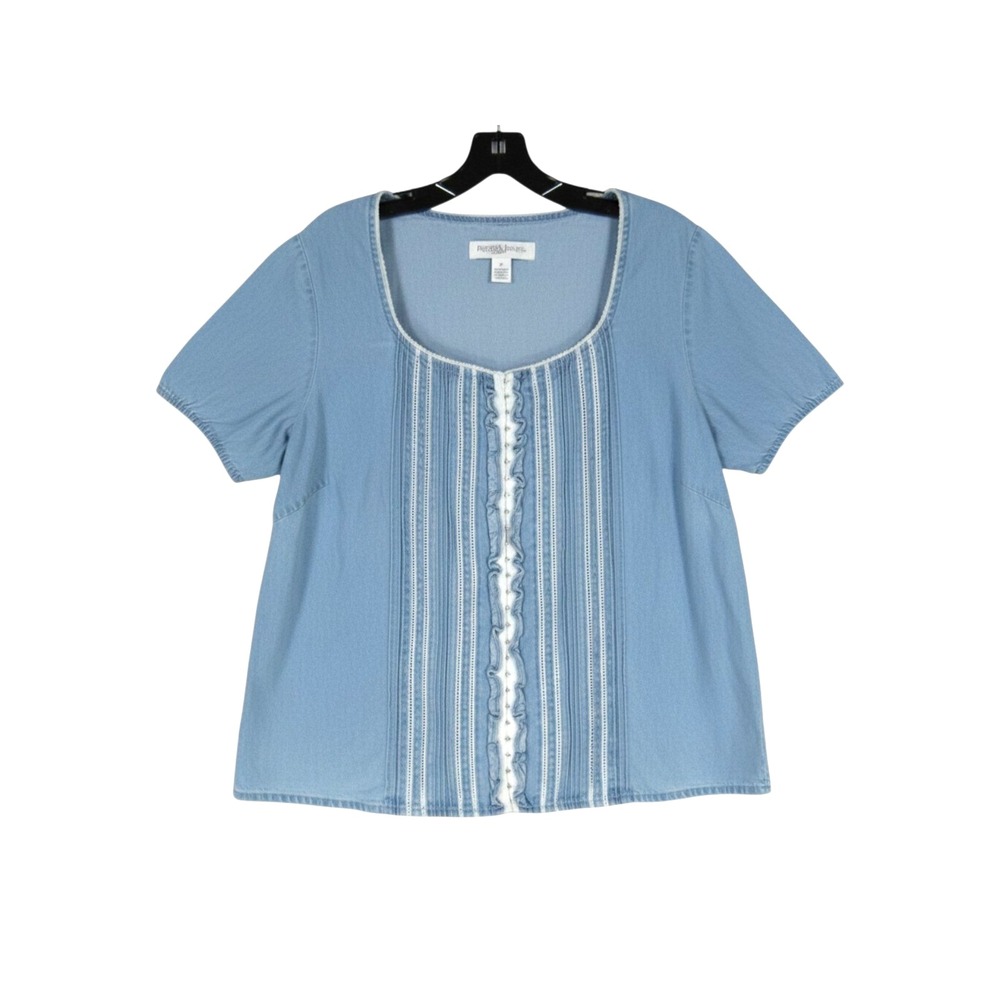 VTG VICTORIA JONES Blue DENIM White Eyelets RUFFLE Hook & Eye SHIRT/TOP Sz 1X
